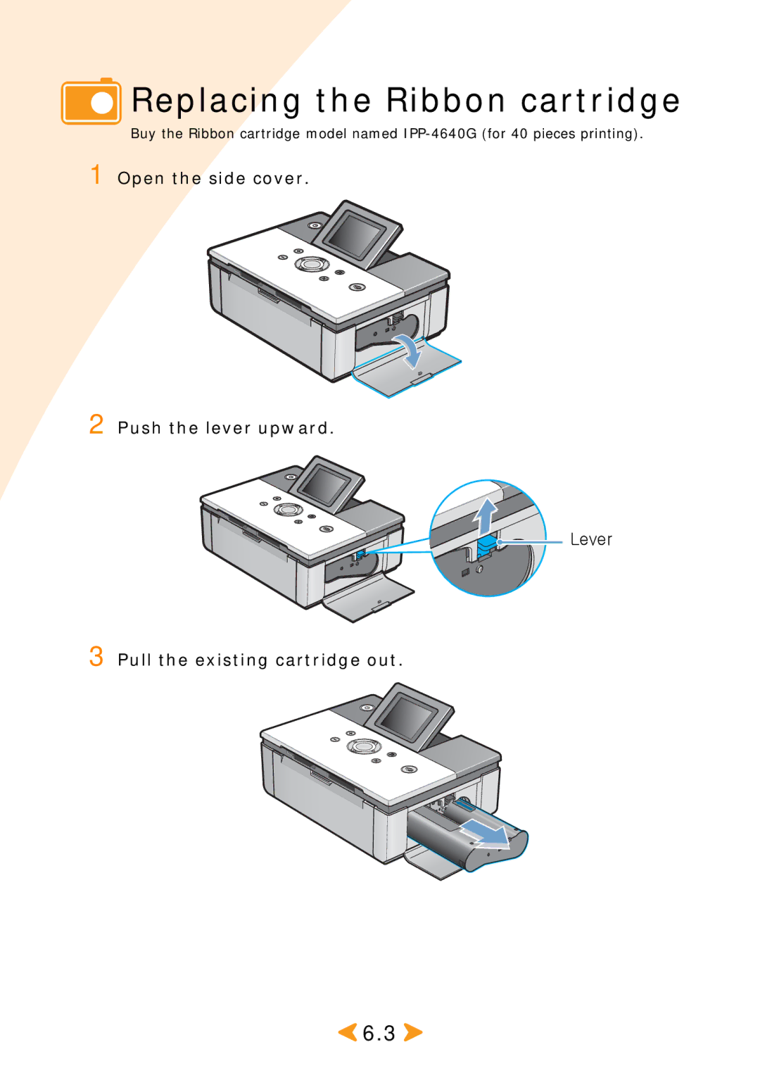 Samsung SPP 2040 manual Replacing the Ribbon cartridge, Open the side cover Push the lever upward 