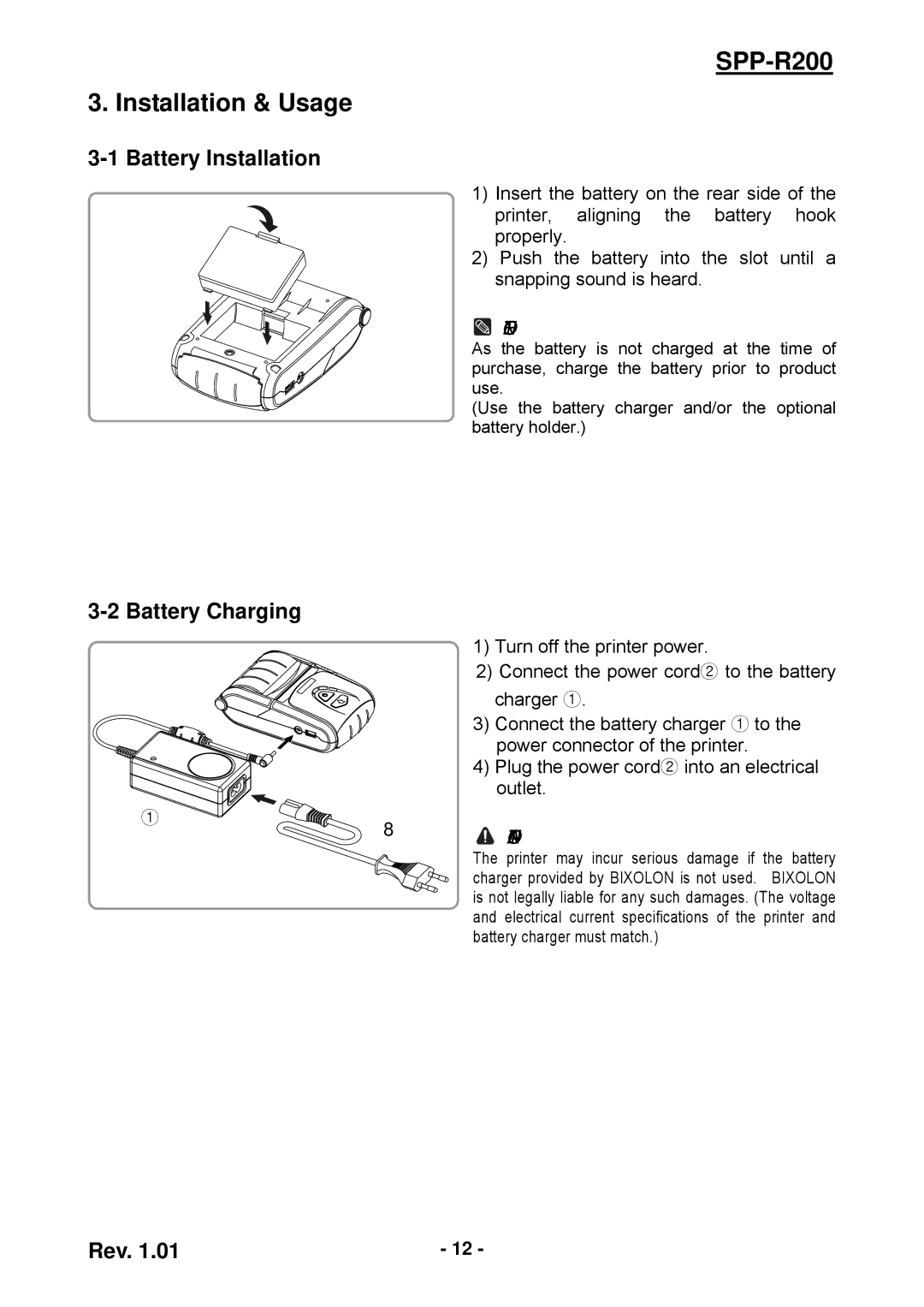 Samsung user manual SPP-R200 Installation & Usage, Battery Installation, Battery Charging 