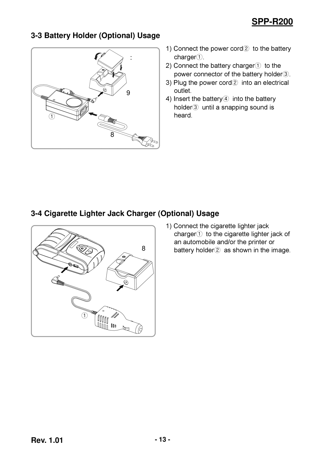 Samsung SPP-R200 user manual Cigarette Lighter Jack Charger Optional Usage, Battery Holder Optional Usage 