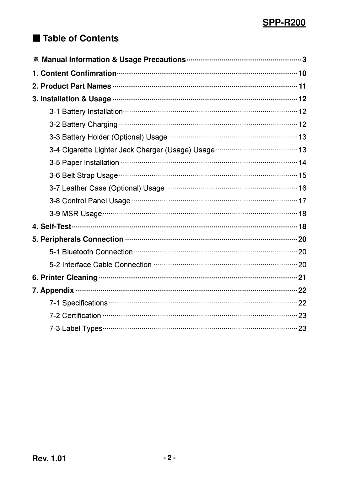 Samsung user manual SPP-R200 Table of Contents 