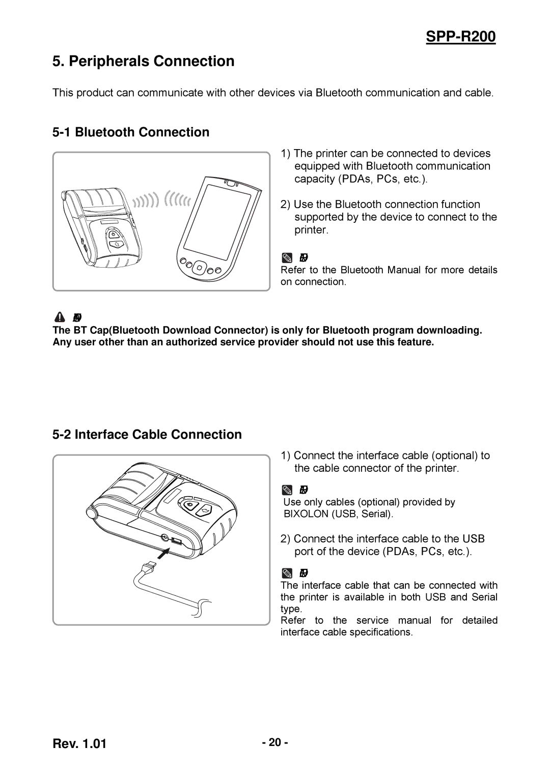 Samsung user manual SPP-R200 Peripherals Connection, Bluetooth Connection, Interface Cable Connection 