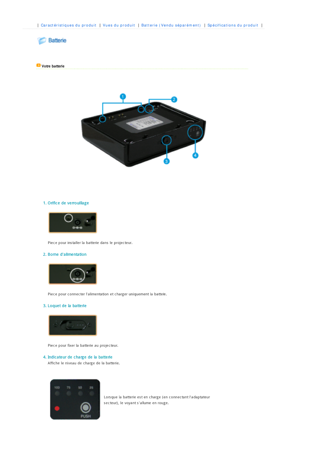 Samsung SPP300MEMX/EDC manual Orifice de verrouillage, Borne dalimentation, Loquet de la batterie 