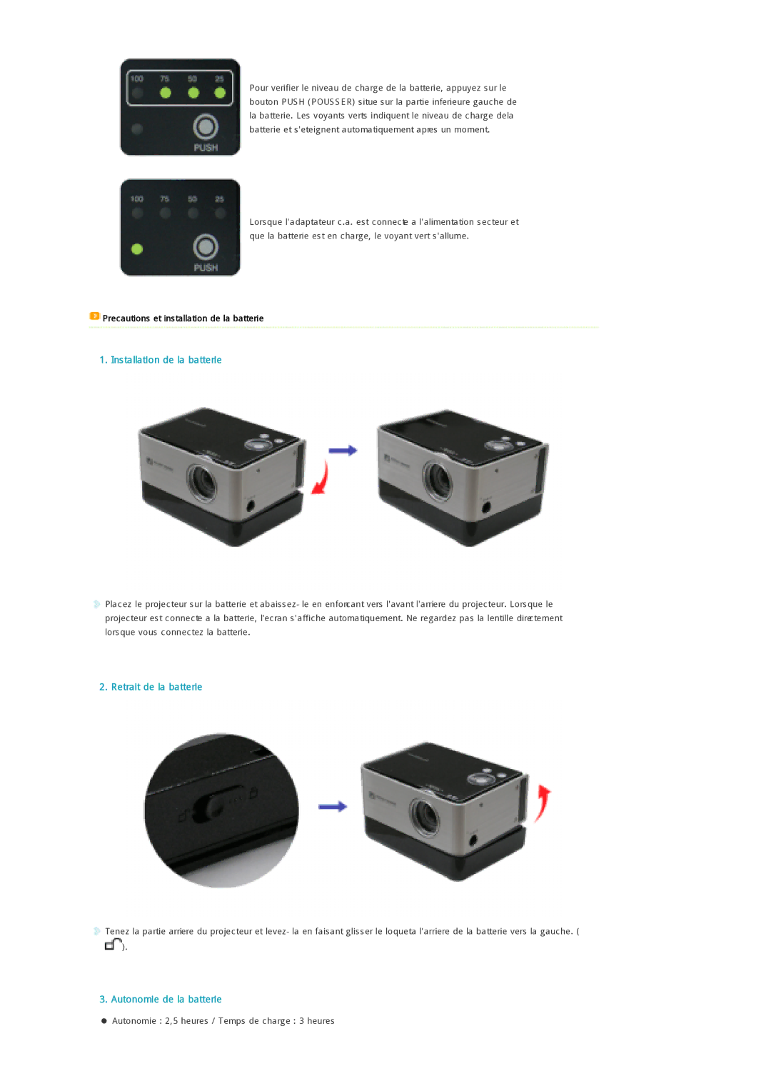 Samsung SPP300MEMX/EDC manual Installation de la batterie, Retrait de la batterie, Autonomie de la batterie 