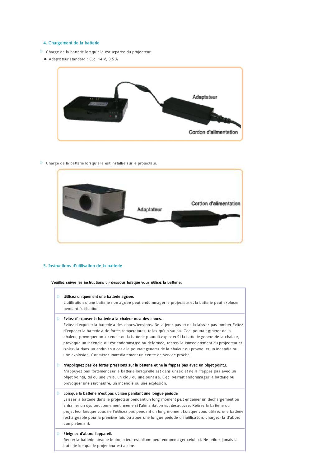 Samsung SPP300MEMX/EDC manual Chargement de la batterie, Instructions dutilisation de la batterie 