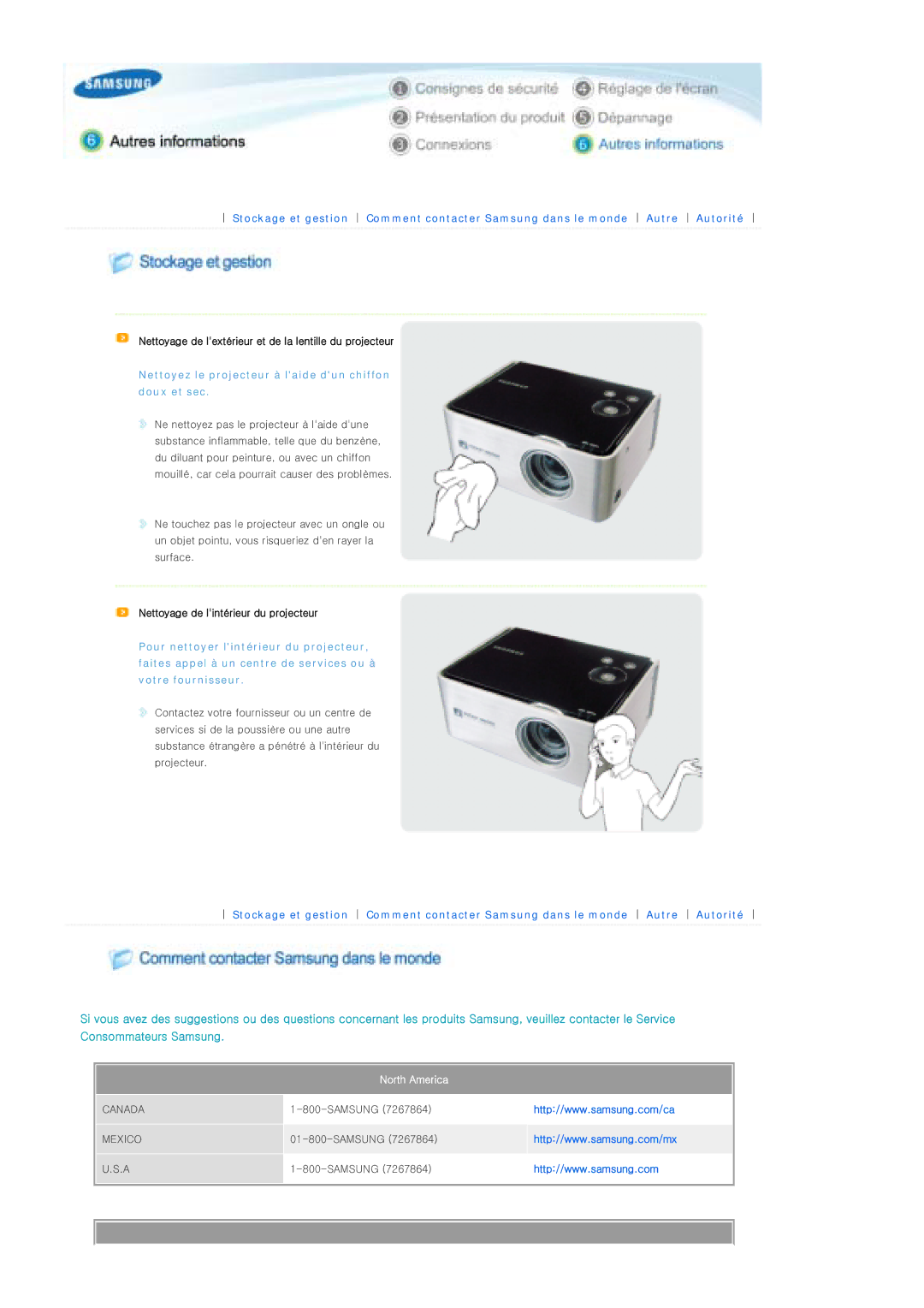Samsung SPP300MEMX/EDC manual Nettoyez le projecteur à laide dun chiffon doux et sec, North America 