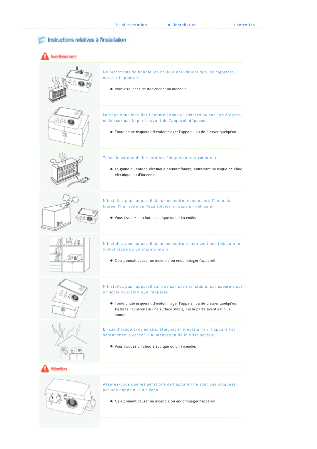 Samsung SPP300MEMX/EDC manual Tenez le cordon dalimentation éloigné de tout radiateur 