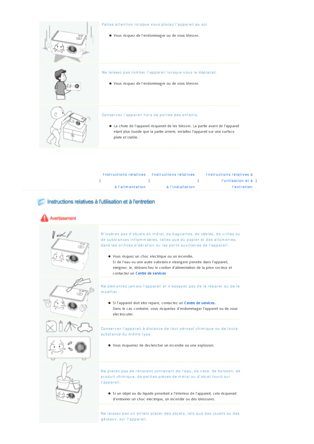 Samsung SPP300MEMX/EDC manual Faites attention lorsque vous placez lappareil au sol 