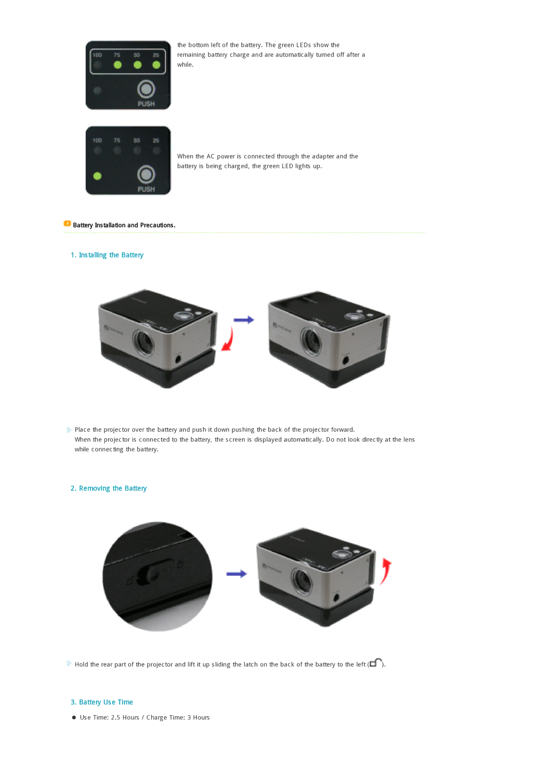 Samsung SPP300MEMX/EDC manual Installing the Battery, Removing the Battery, Battery Use Time 