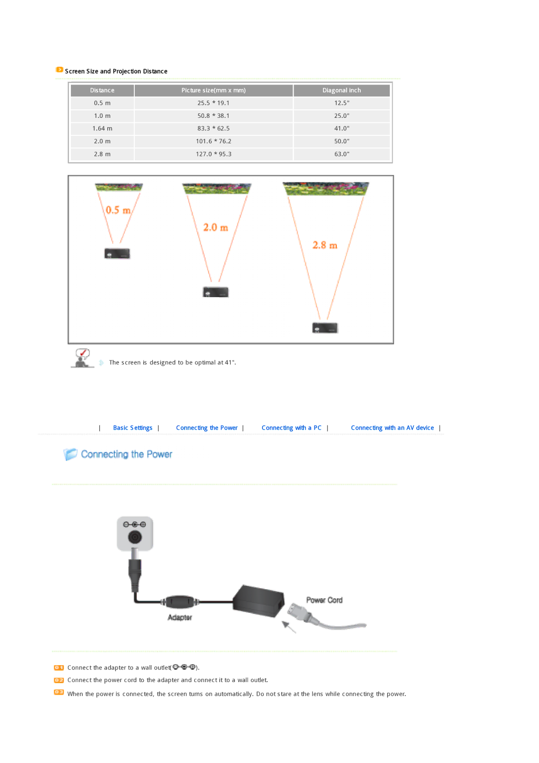 Samsung SPP300MEMX/EDC manual Distance Picture sizemm x mm Diagonal inch 