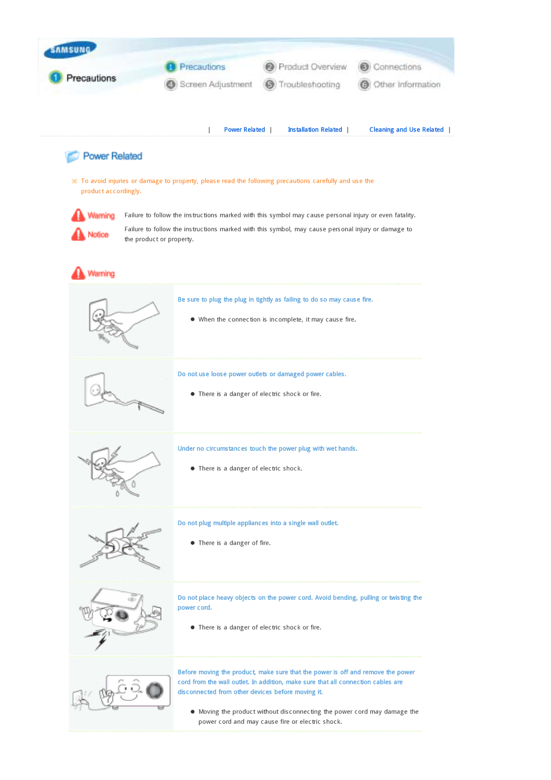 Samsung SPP300MEMX/EDC manual Do not use loose power outlets or damaged power cables 