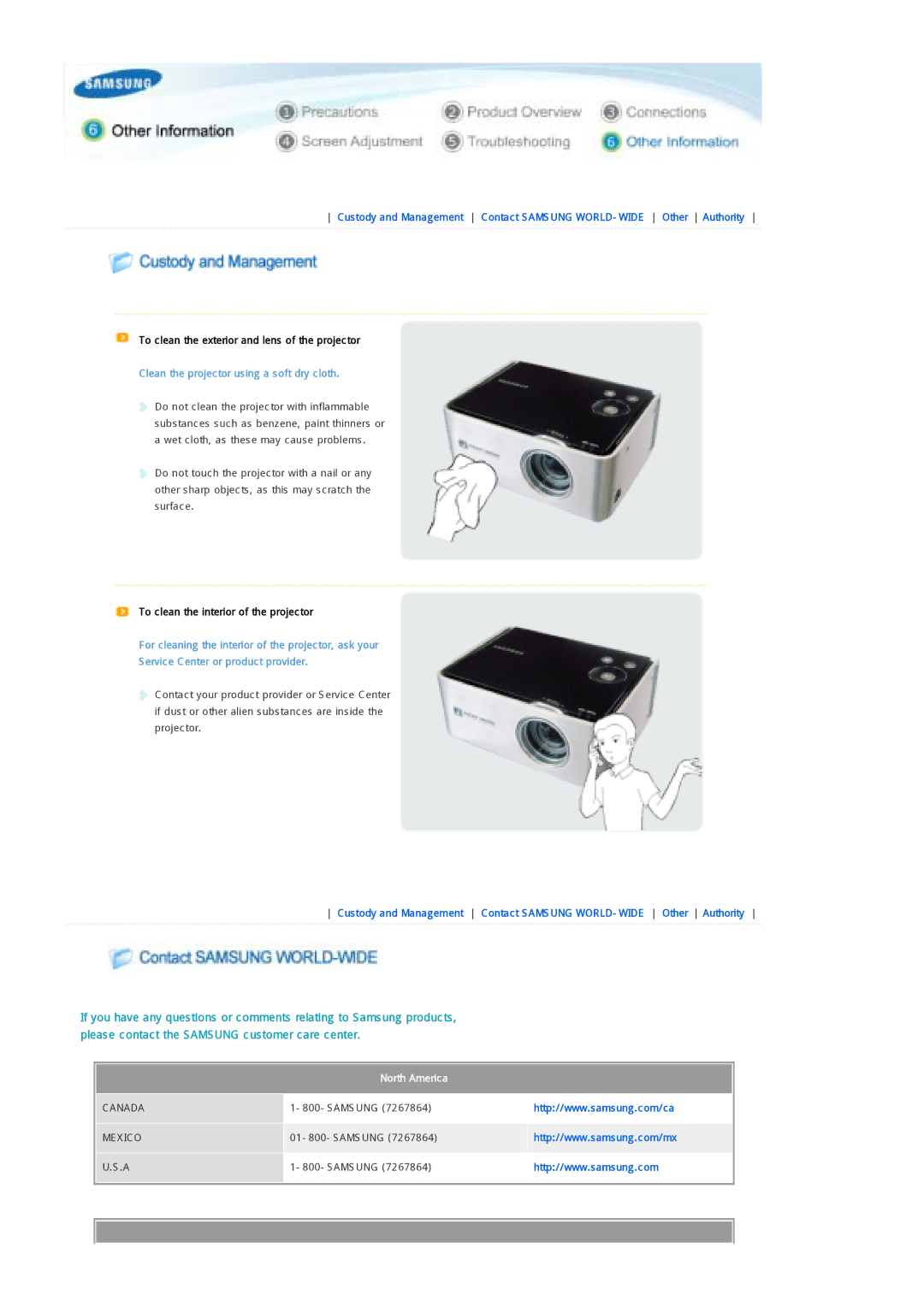 Samsung SPP300MEMX/EDC manual To clean the exterior and lens of the projector, Clean the projector using a soft dry cloth 