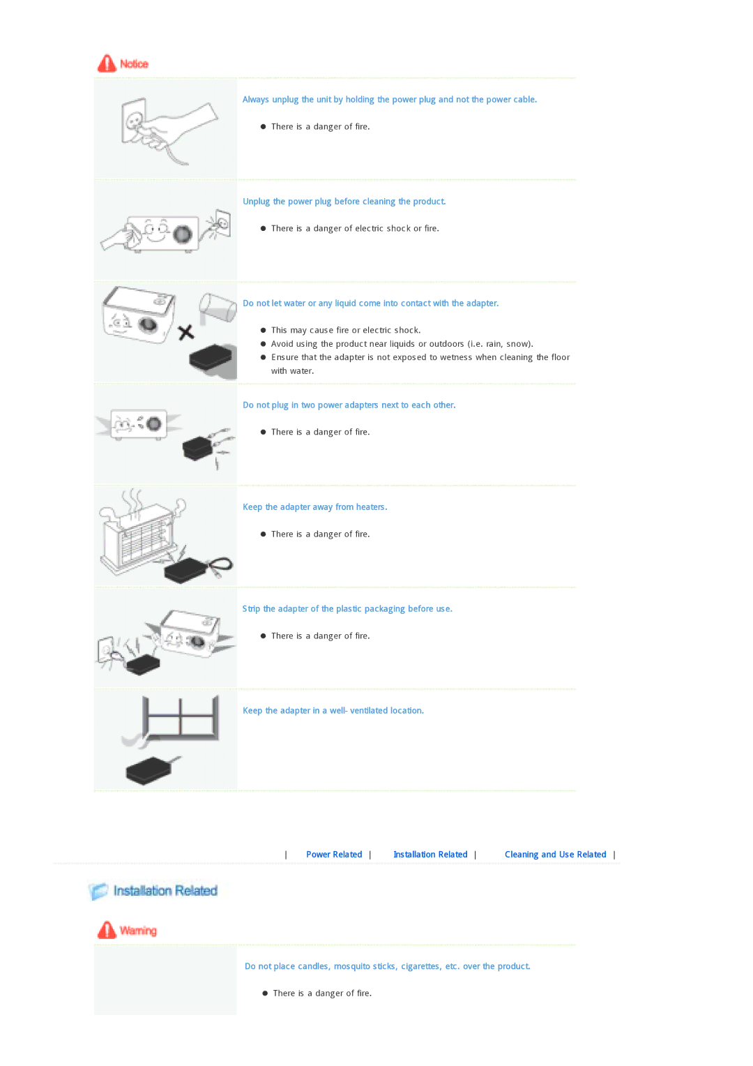 Samsung SPP300MEMX/EDC manual Unplug the power plug before cleaning the product, Keep the adapter away from heaters 