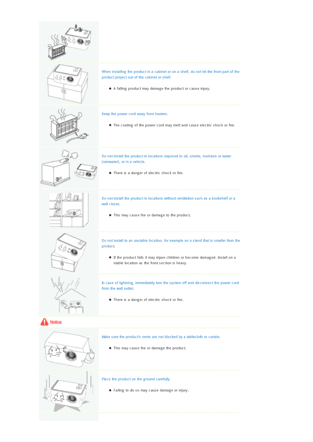 Samsung SPP300MEMX/EDC manual Keep the power cord away from heaters, Place the product on the ground carefully 