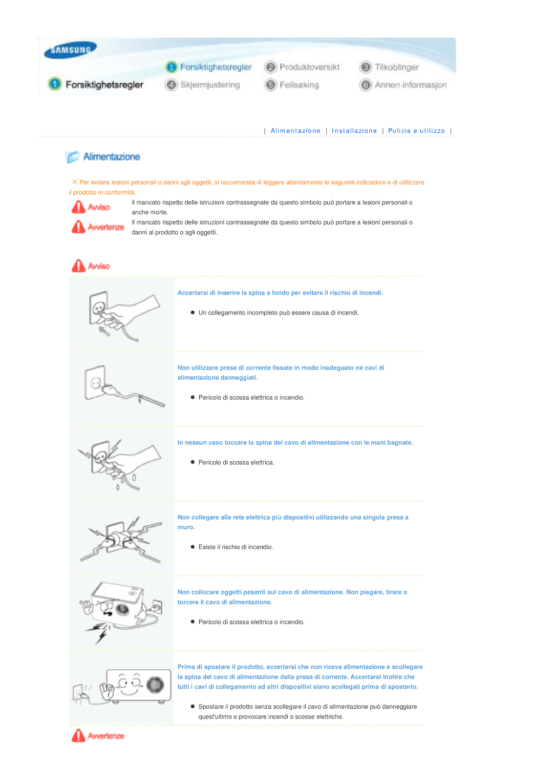 Samsung SPP300MEMX/EDC manual Alimentazione Installazione Pulizia e utilizzo 