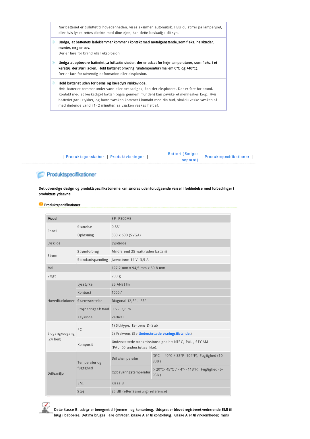 Samsung SPP300MEMX/EDC manual Hold batteriet uden for børns og kæledyrs rækkevidde, Model 