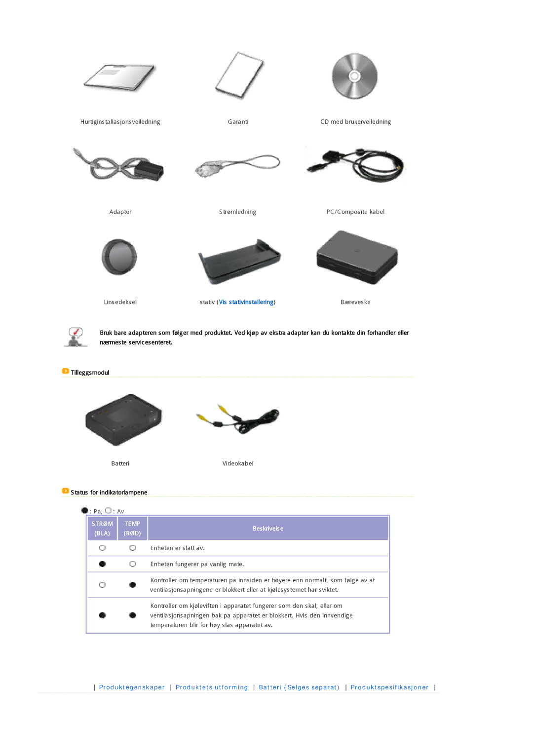 Samsung SPP300MEMX/EDC manual Status for indikatorlampene, Beskrivelse 