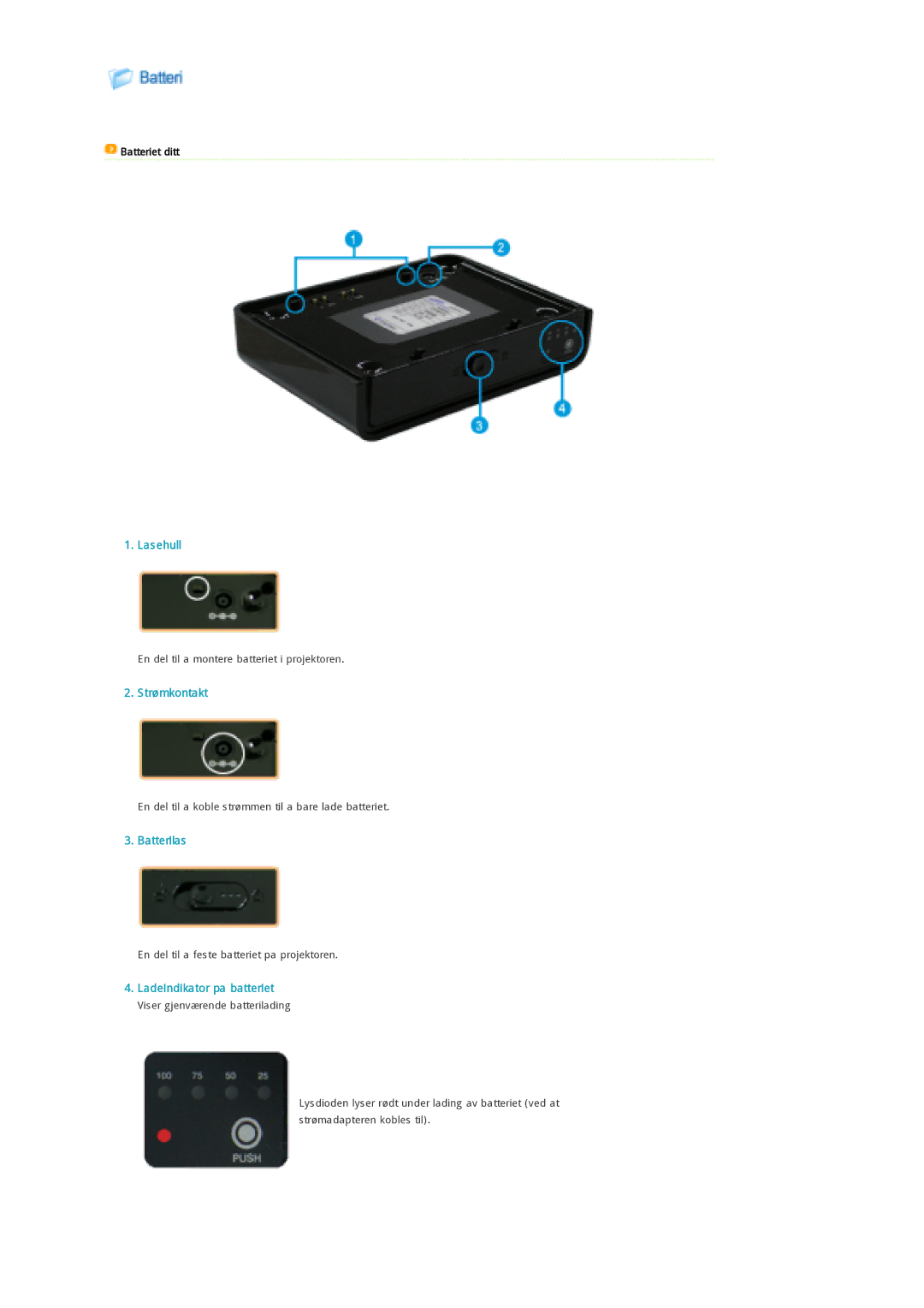 Samsung SPP300MEMX/EDC manual Lasehull, Strømkontakt, Batterilas, Ladeindikator pa batteriet, Batteriet ditt 