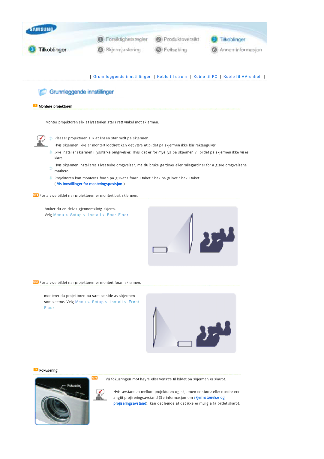 Samsung SPP300MEMX/EDC manual Montere projektoren, Velg Menu Setup Install Rear-Floor, Fokusering 
