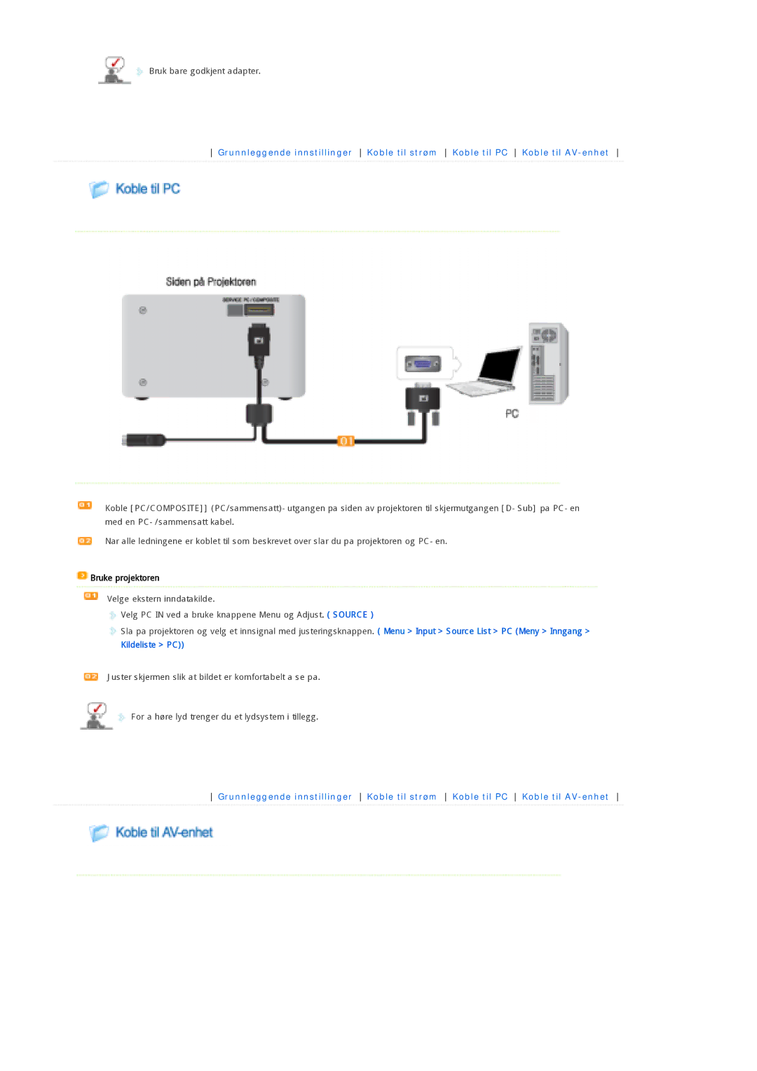 Samsung SPP300MEMX/EDC manual Bruke projektoren, Kildeliste PC 