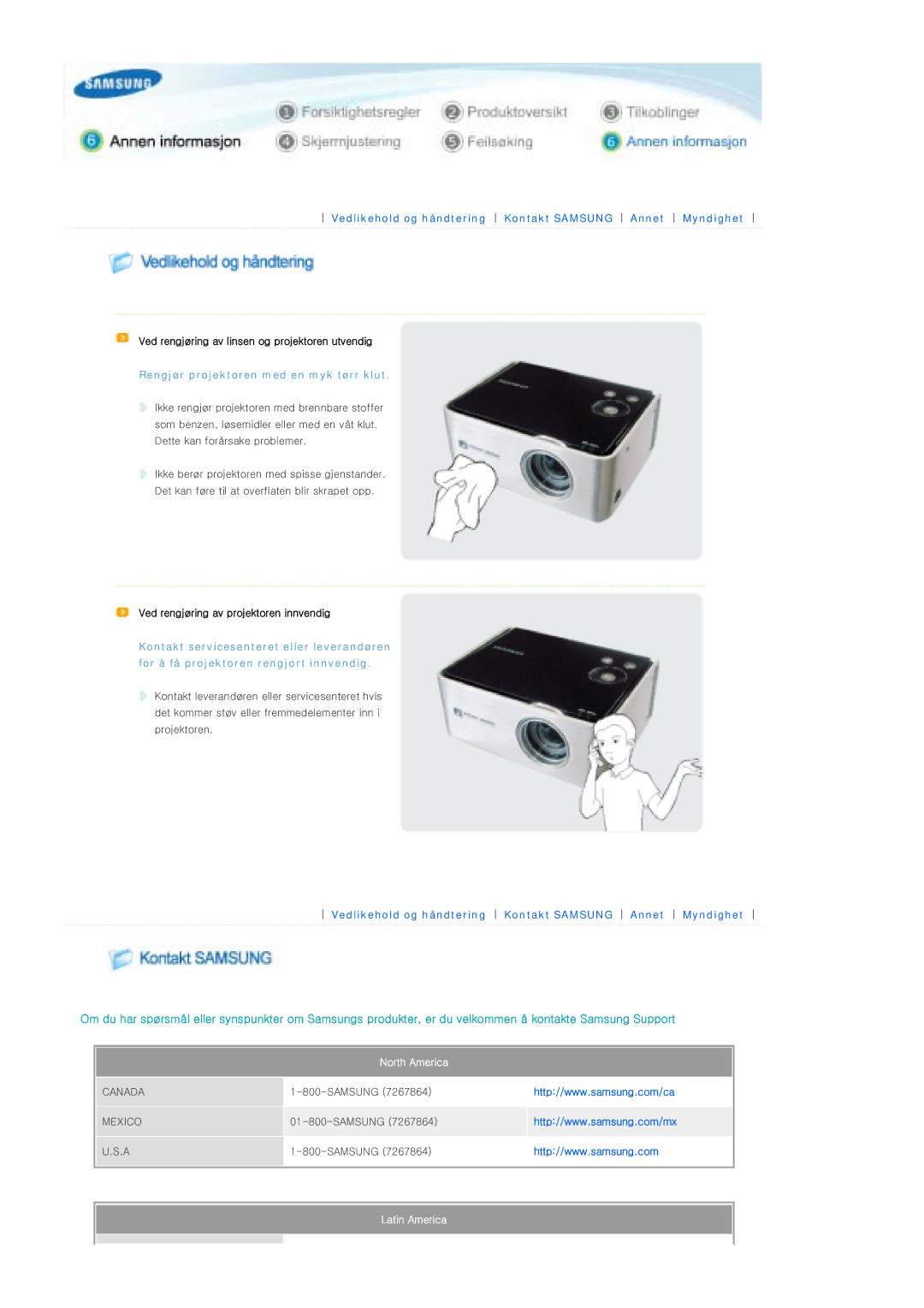 Samsung SPP300MEMX/EDC manual Ved rengjøring av linsen og projektoren utvendig, Rengjør projektoren med en myk tørr klut 