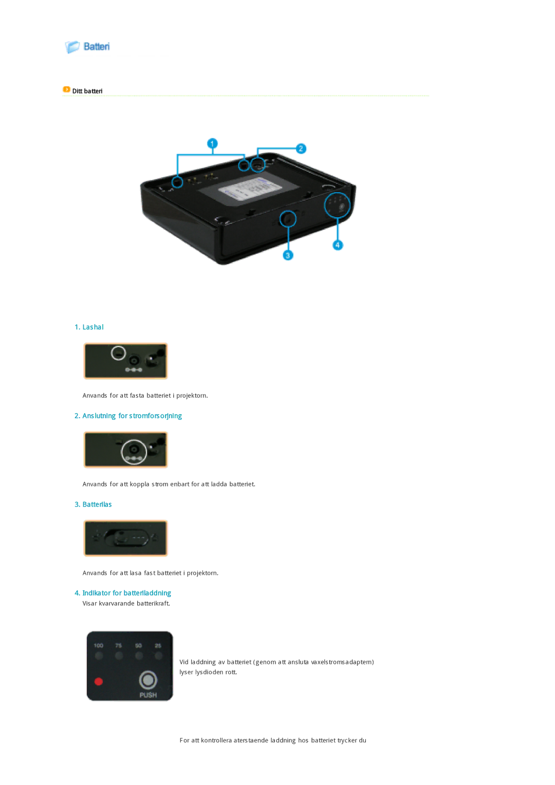 Samsung SPP300MEMX/EDC Lashal, Anslutning for stromforsorjning, Batterilas, Indikator for batteriladdning, Ditt batteri 