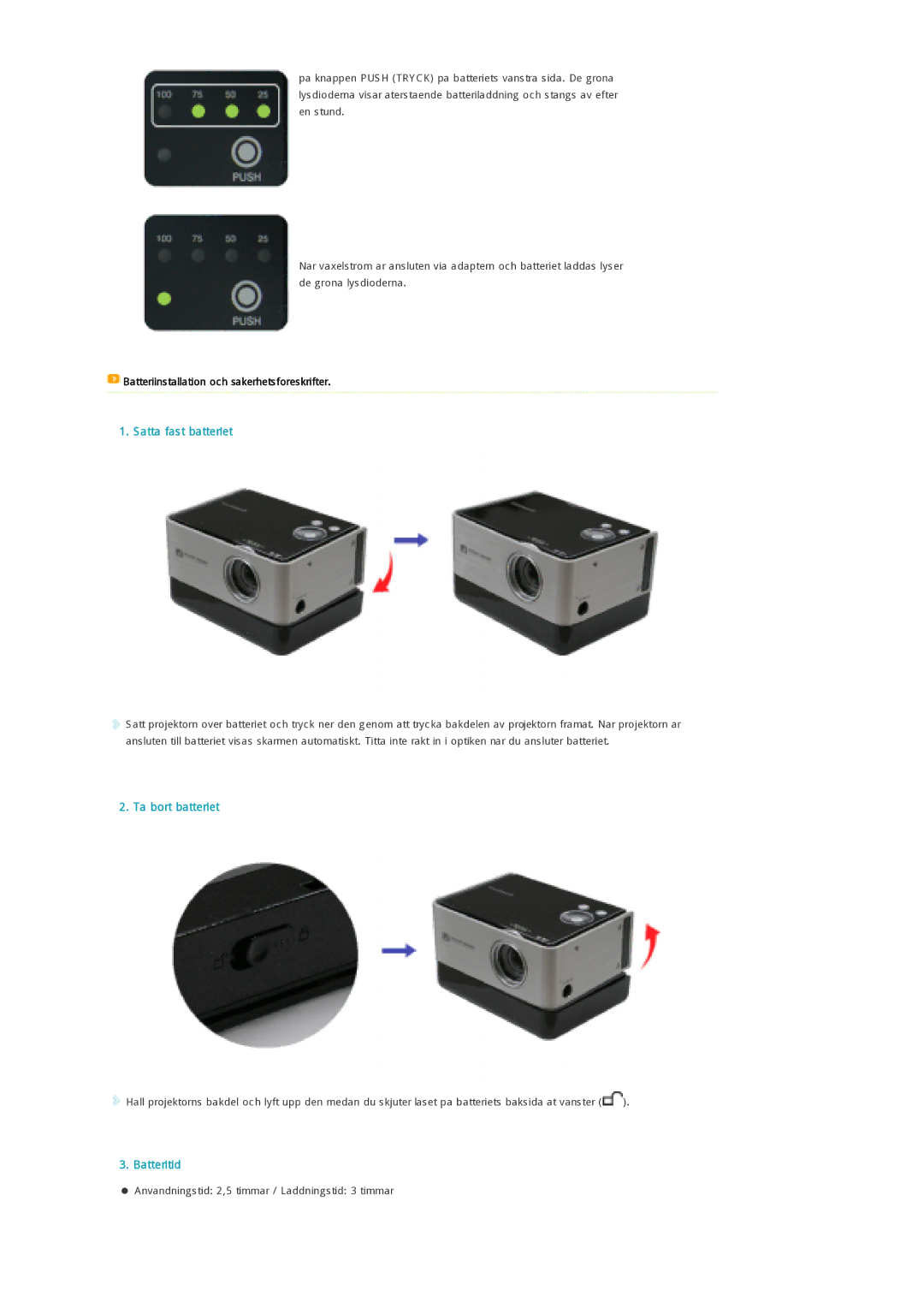 Samsung SPP300MEMX/EDC Satta fast batteriet, Ta bort batteriet, Batteritid, Batteriinstallation och sakerhetsforeskrifter 