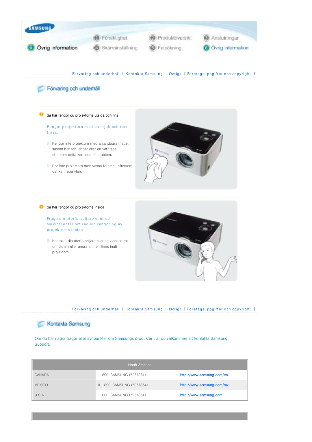 Samsung SPP300MEMX/EDC manual Sa har rengor du projektorns utsida och lins, Rengor projektorn med en mjuk och torr trasa 