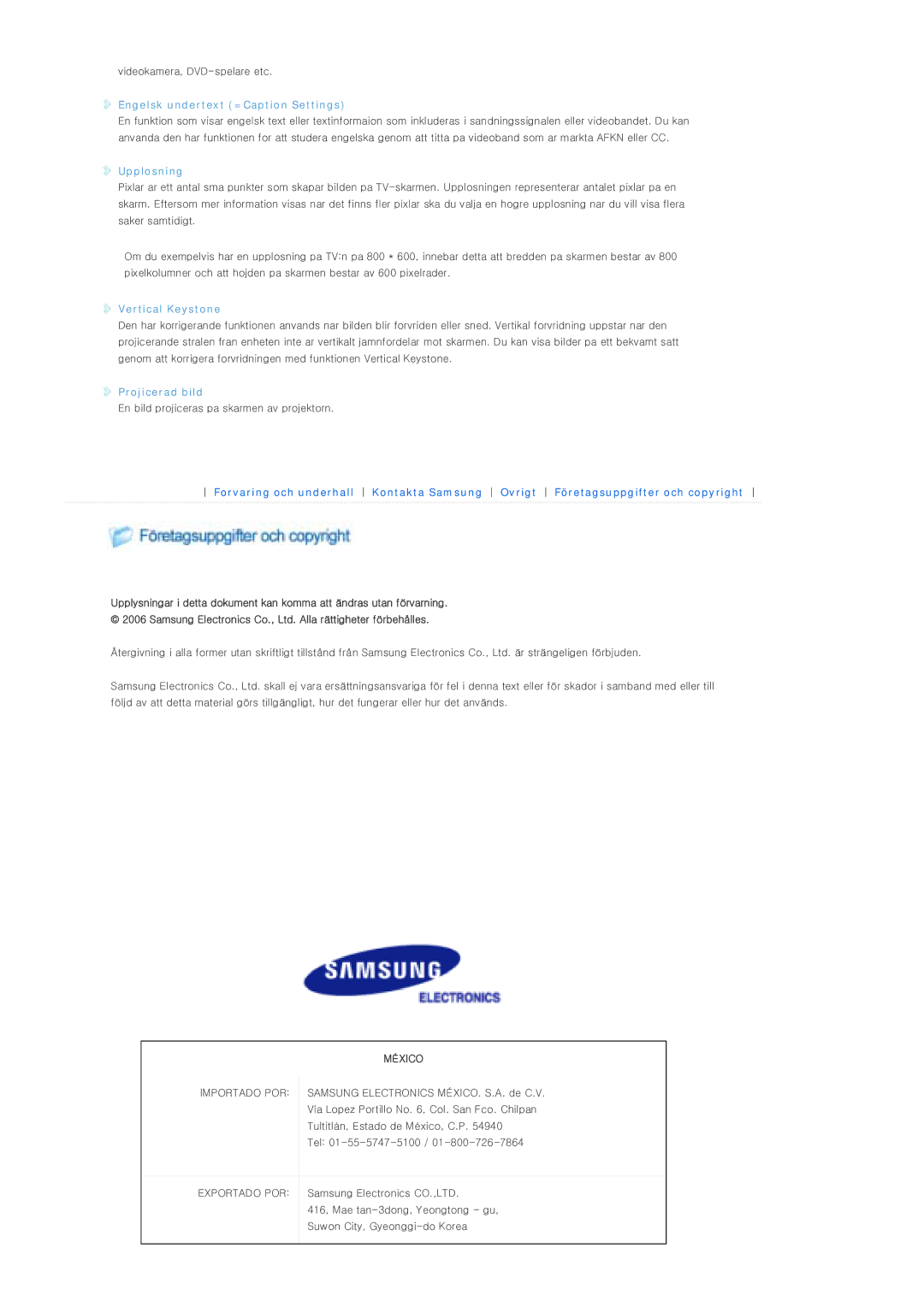 Samsung SPP300MEMX/EDC manual Engelsk undertext =Caption Settings, Upplosning, Vertical Keystone, Projicerad bild 