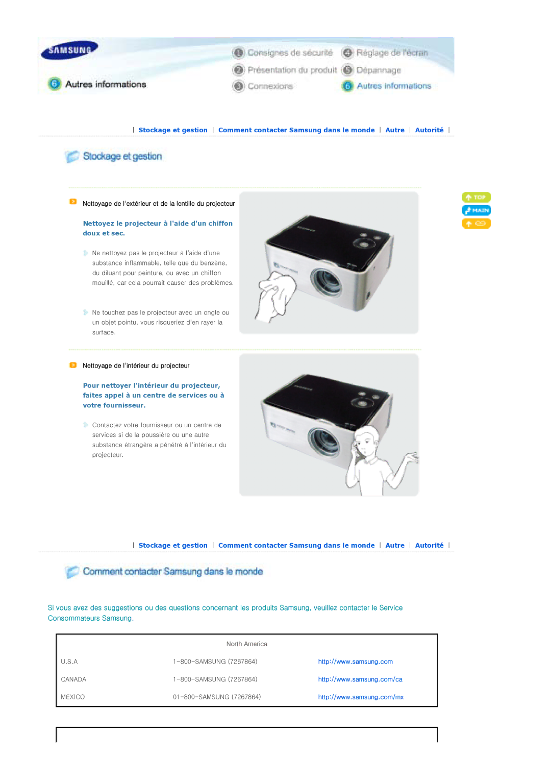 Samsung SPP310MEMX/EDC manual Nettoyez le projecteur à laide dun chiffon doux et sec, North America 