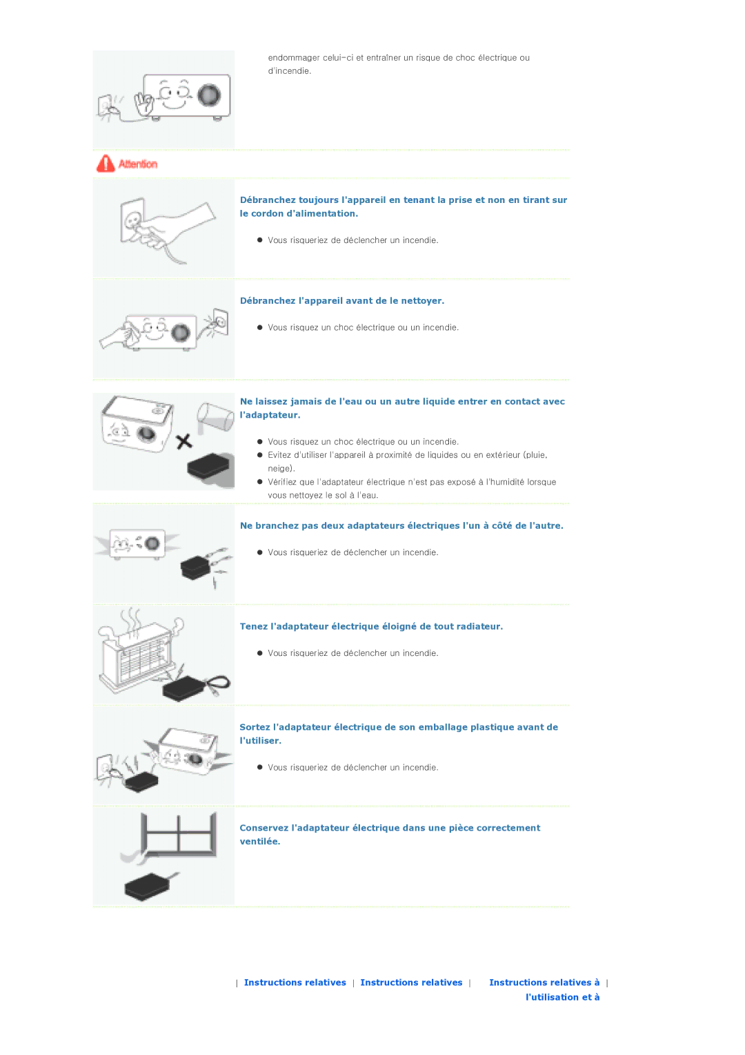 Samsung SPP310MEMX/EDC Débranchez lappareil avant de le nettoyer, Tenez ladaptateur électrique éloigné de tout radiateur 