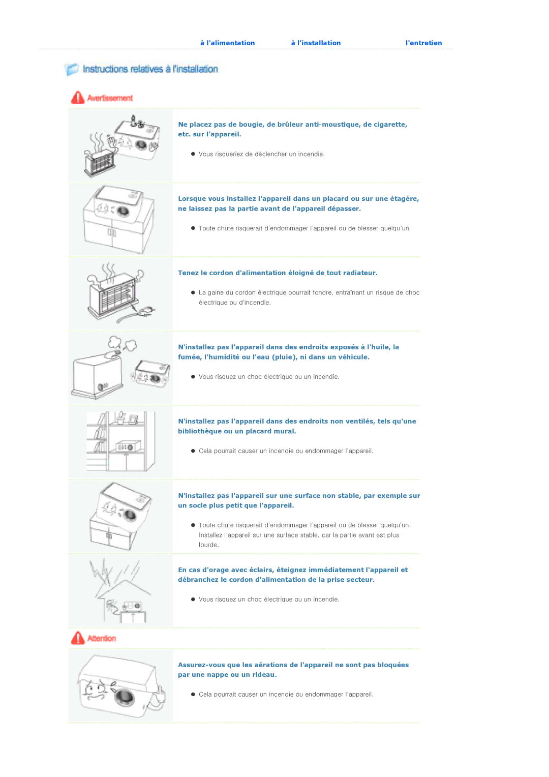 Samsung SPP310MEMX/EDC manual Tenez le cordon dalimentation éloigné de tout radiateur 