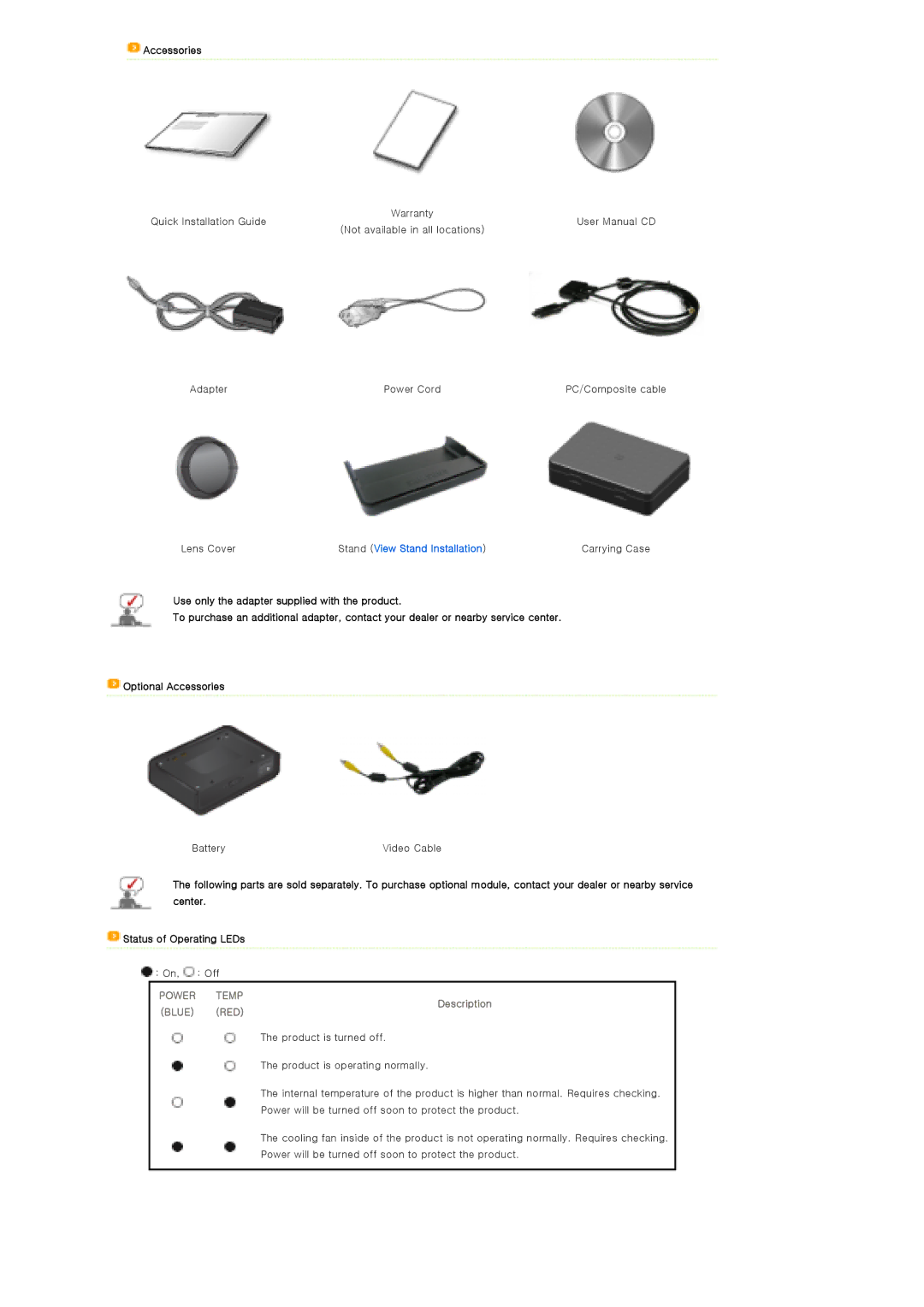 Samsung SPP310MEMX/EDC manual Accessories, Stand View Stand Installation, Description 