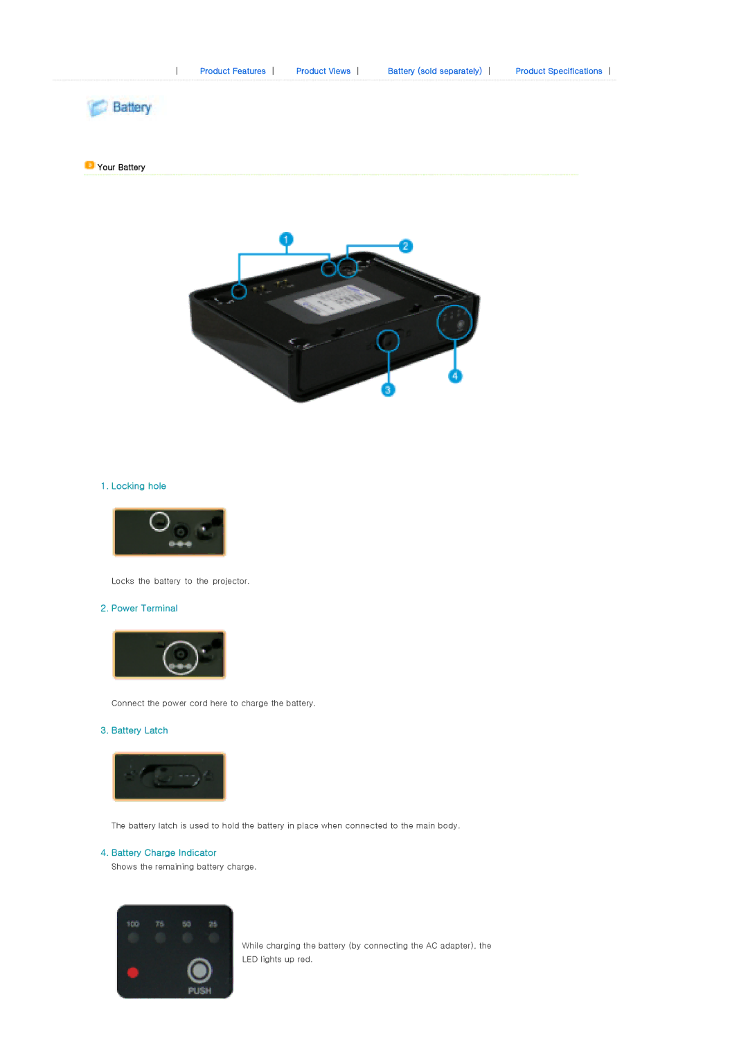 Samsung SPP310MEMX/EDC manual Locking hole, Power Terminal, Battery Latch, Battery Charge Indicator, Your Battery 