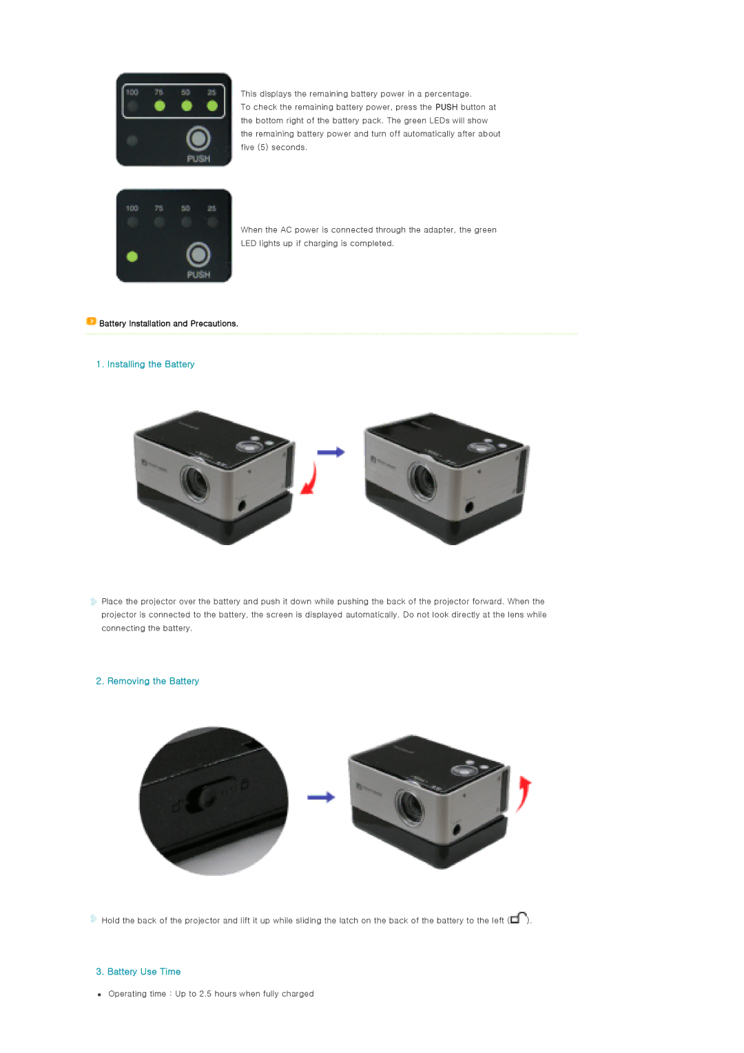 Samsung SPP310MEMX/EDC manual Installing the Battery, Removing the Battery, Battery Use Time 