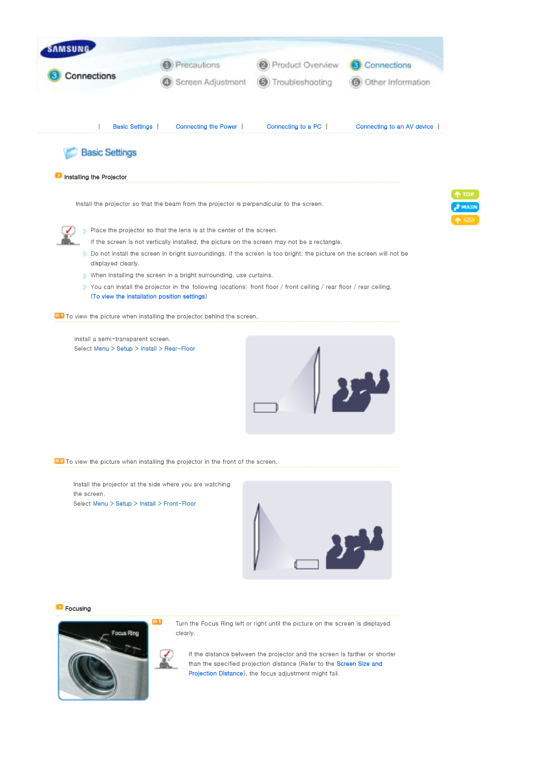Samsung SPP310MEMX/EDC manual Basic Settings Connecting the Power Connecting to a PC, Installing the Projector, Focusing 