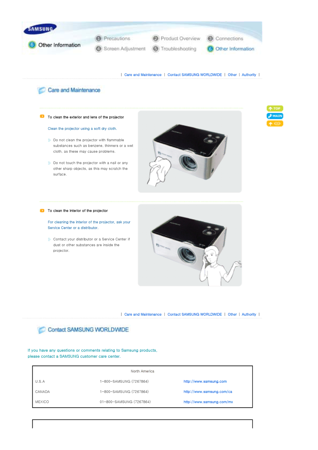 Samsung SPP310MEMX/EDC manual To clean the exterior and lens of the projector, Clean the projector using a soft dry cloth 