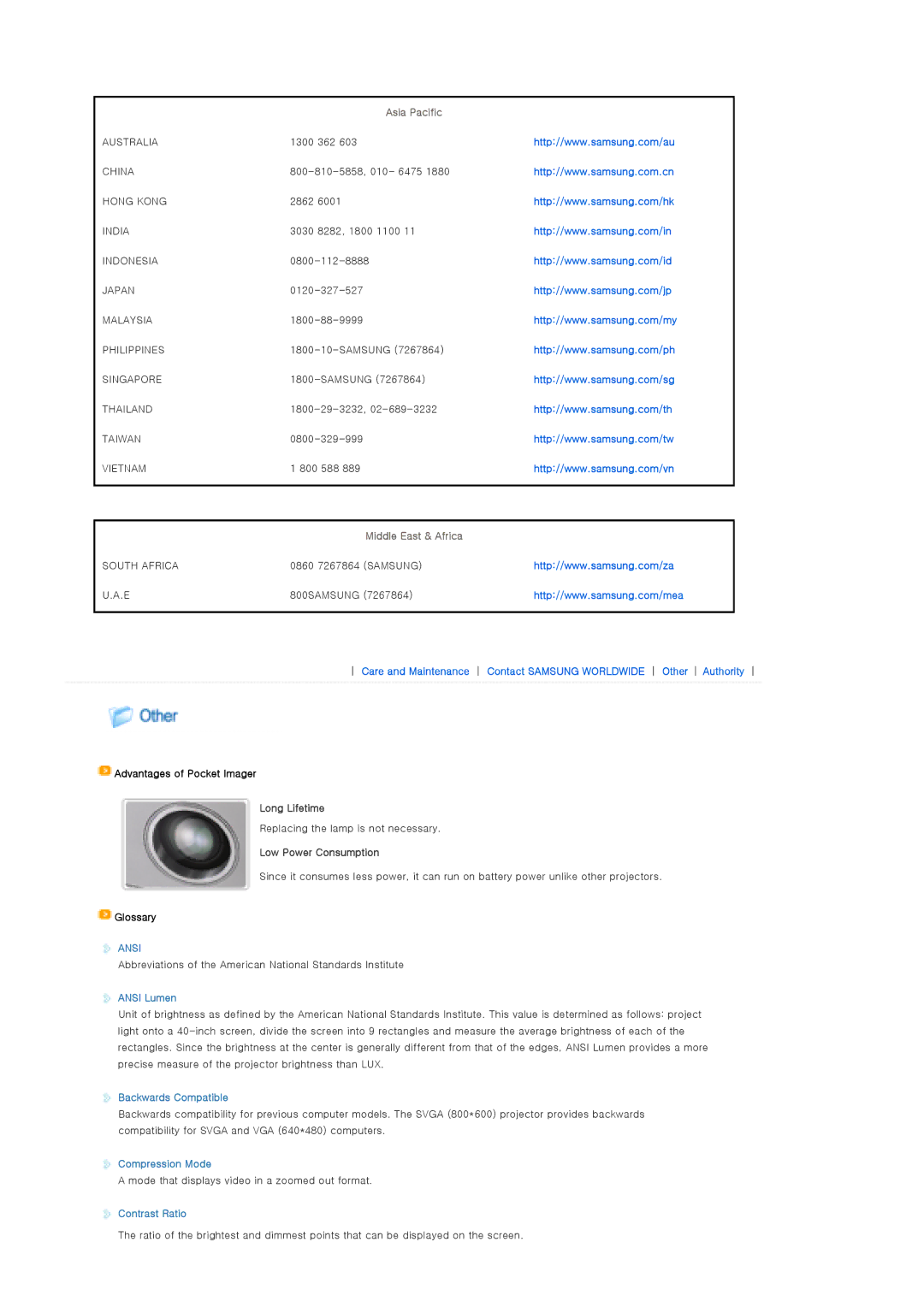 Samsung SPP310MEMX/EDC manual Asia Pacific, Middle East & Africa, Long Lifetime, Low Power Consumption 