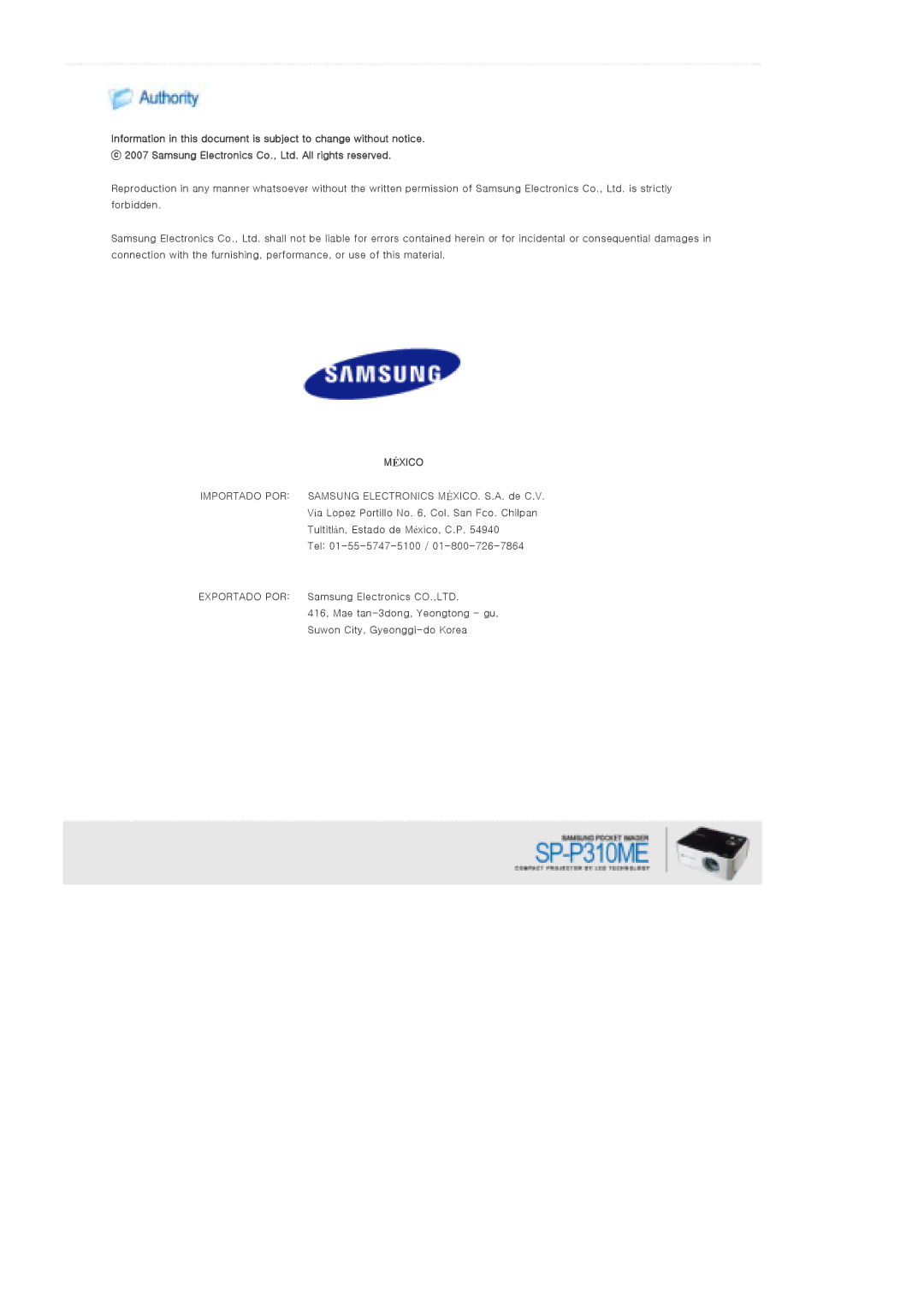 Samsung SPP310MEMX/EDC manual México 