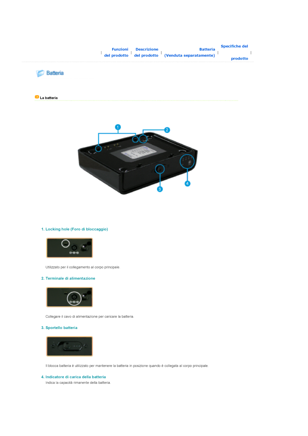 Samsung SPP310MEMX/EDC manual Locking hole Foro di bloccaggio, Terminale di alimentazione, Sportello batteria, La batteria 