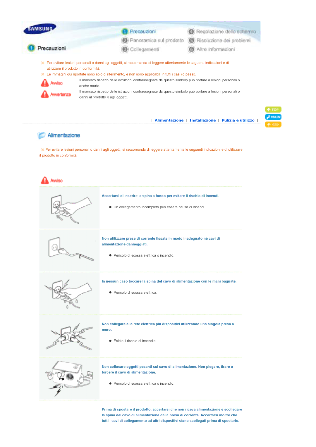 Samsung SPP310MEMX/EDC manual Alimentazione Installazione Pulizia e utilizzo 