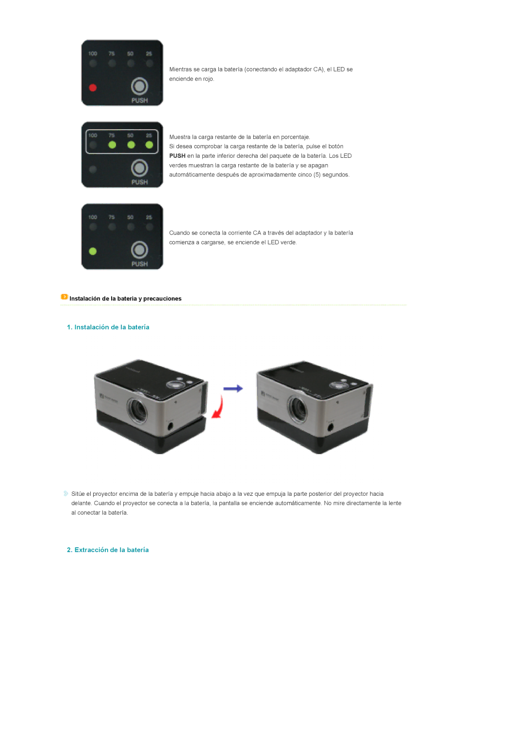 Samsung SPP310MEMX/EDC manual Instalación de la batería, Extracción de la batería 