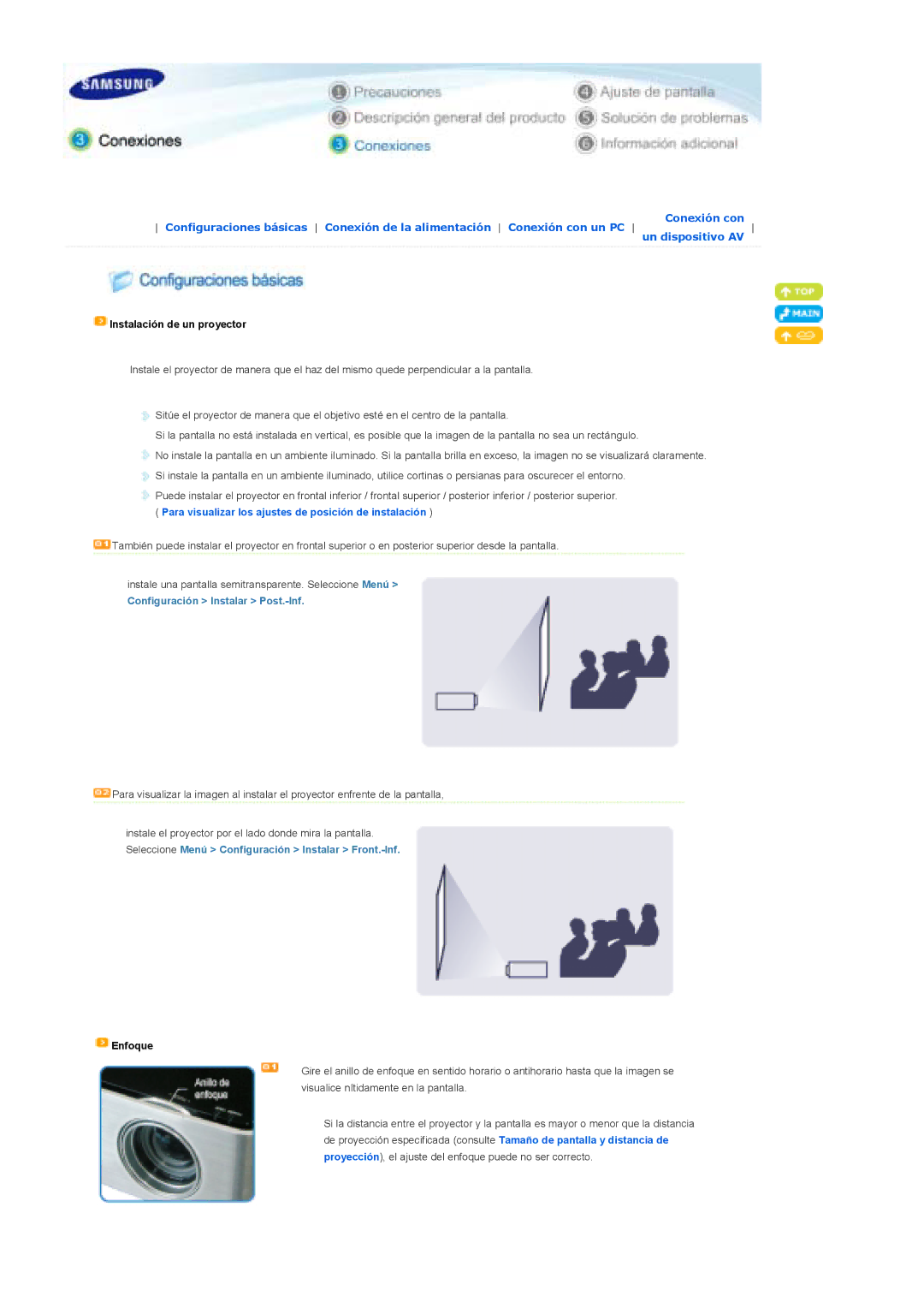 Samsung SPP310MEMX/EDC manual Instalación de un proyector, Configuración Instalar Post.-Inf 