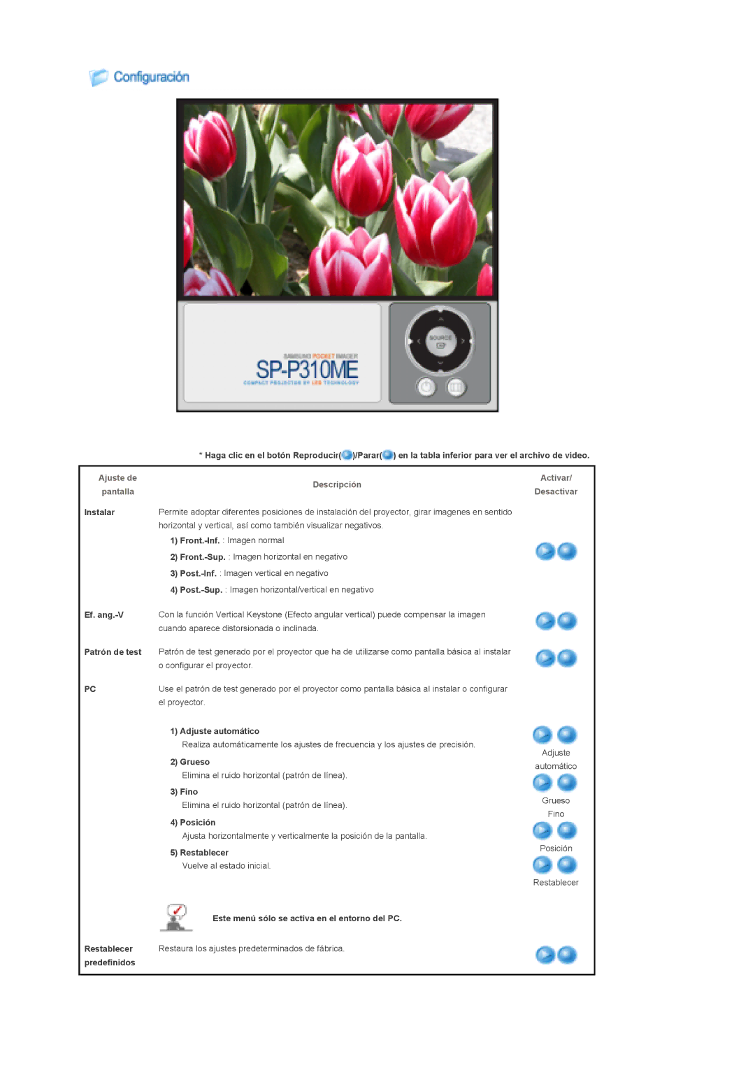 Samsung SPP310MEMX/EDC manual Descripción Activar, Instalar 