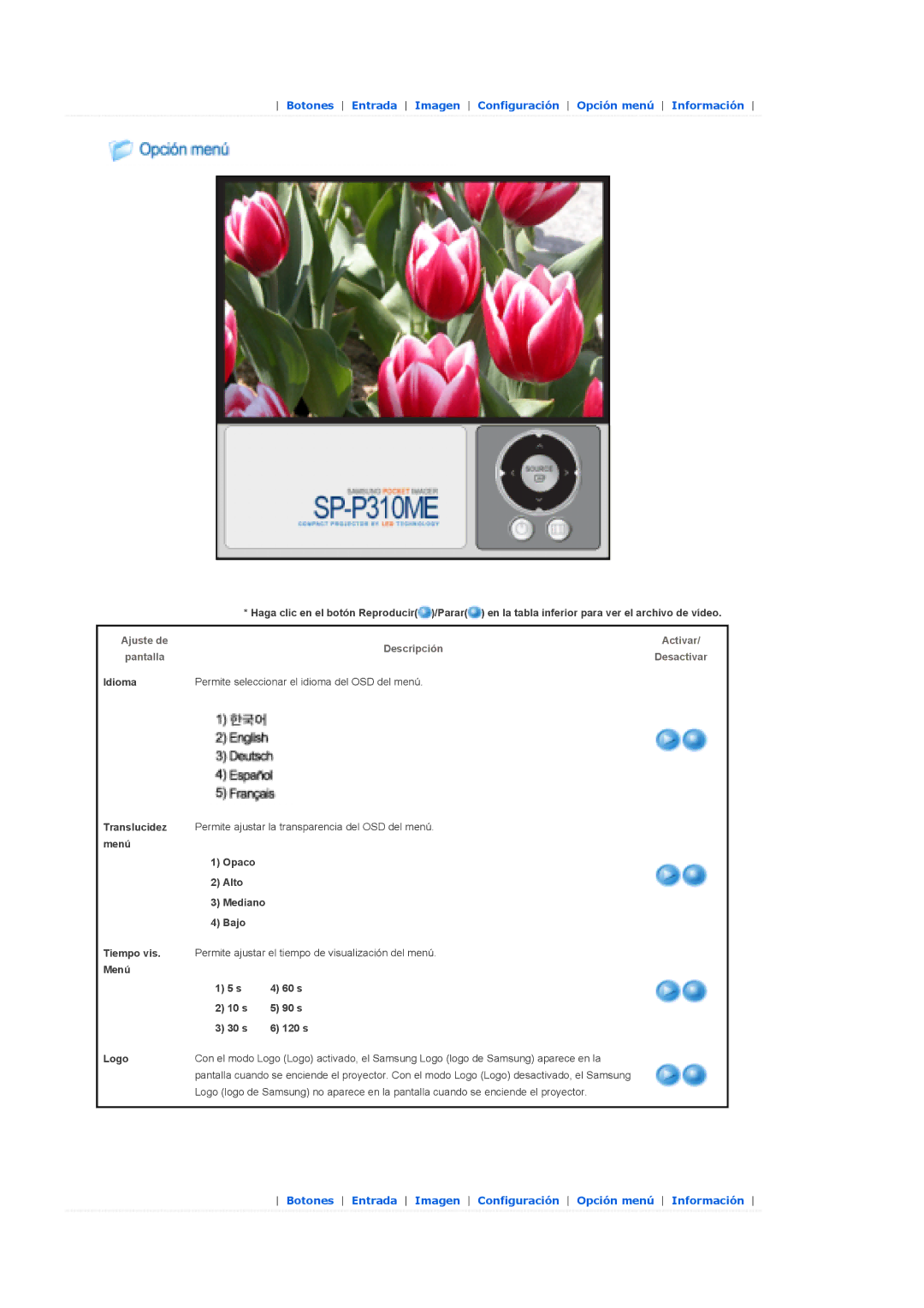 Samsung SPP310MEMX/EDC manual Botones Entrada Imagen Configuración Opción menú Información 