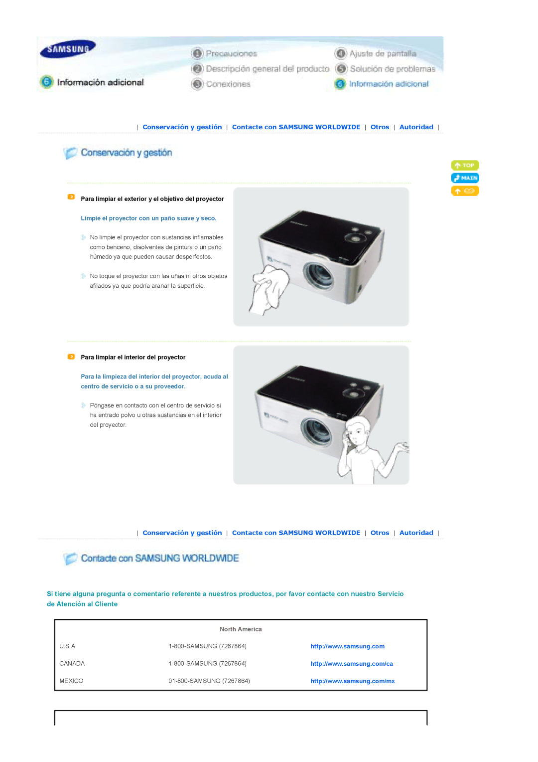 Samsung SPP310MEMX/EDC manual Limpie el proyector con un paño suave y seco, North America 