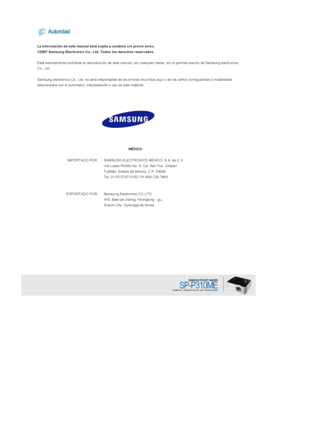 Samsung SPP310MEMX/EDC manual México 