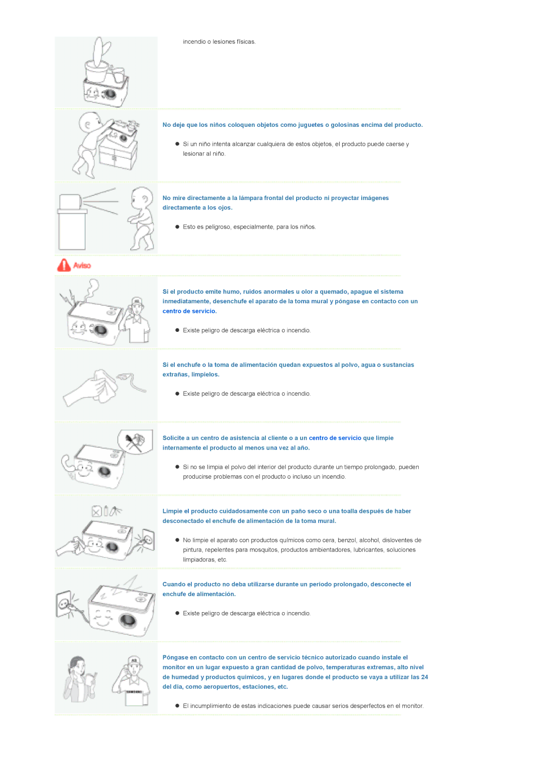 Samsung SPP310MEMX/EDC manual Incendio o lesiones físicas 