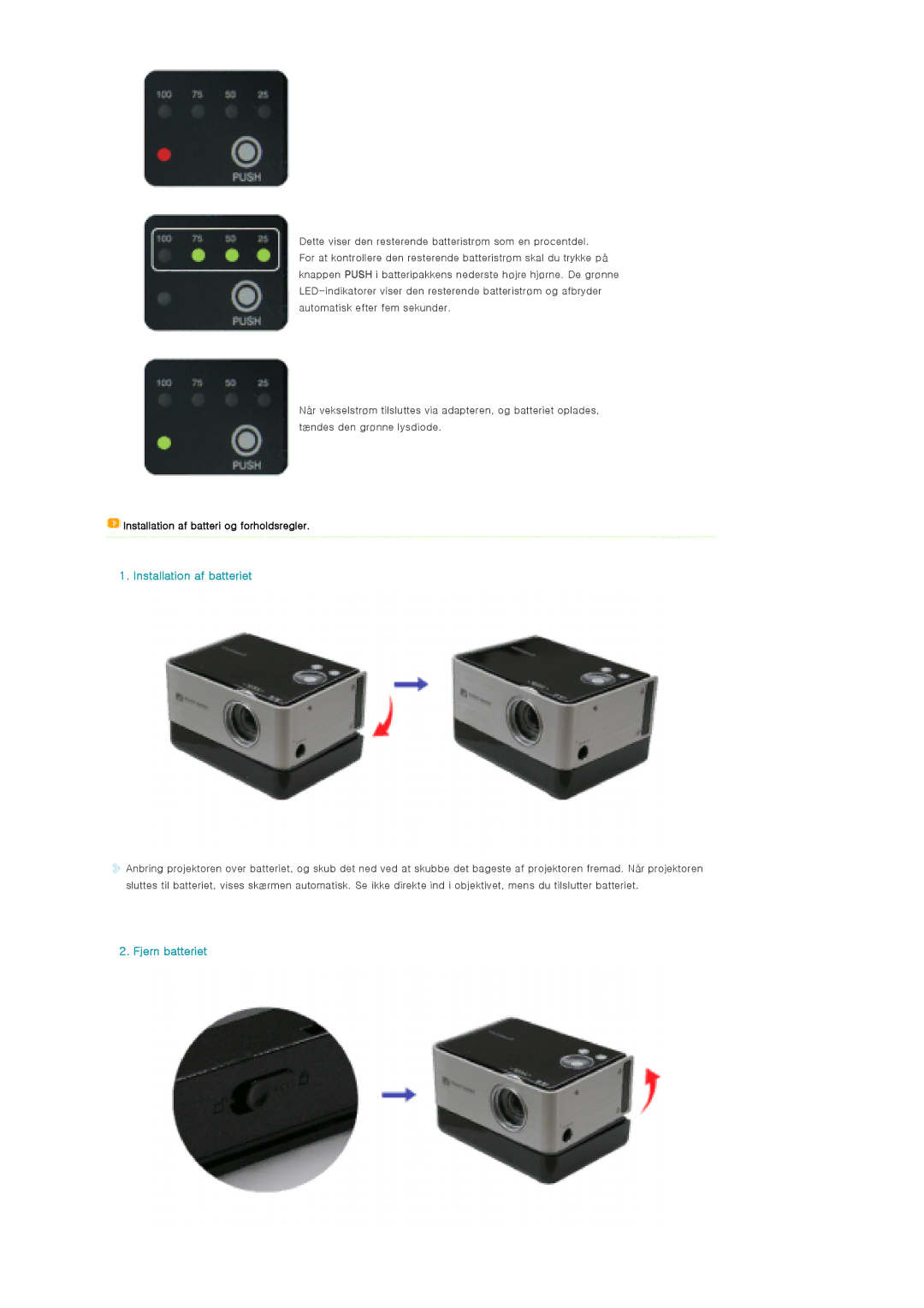 Samsung SPP310MEMX/EDC manual Installation af batteriet, Fjern batteriet, Installation af batteri og forholdsregler 