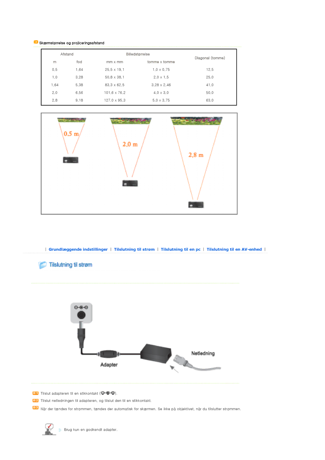 Samsung SPP310MEMX/EDC manual Skærmstørrelse og projiceringsafstand, Afstand Billedstørrelse 