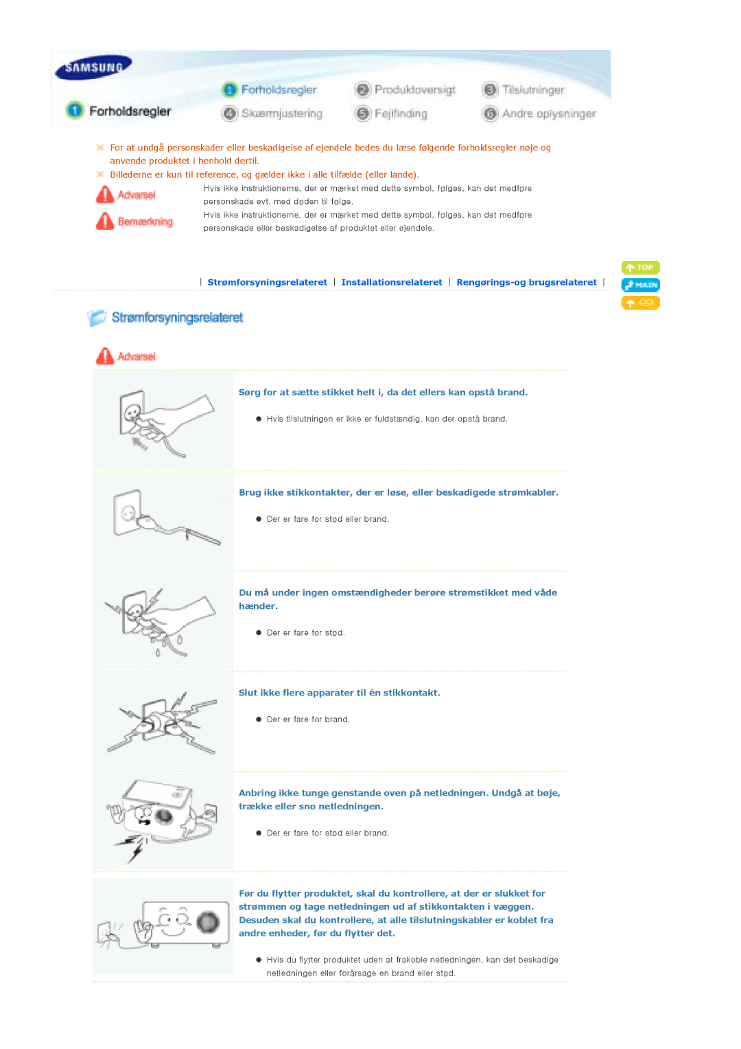 Samsung SPP310MEMX/EDC manual Slut ikke flere apparater til én stikkontakt 